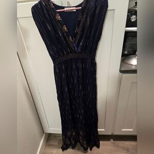 Stunning Navy Blue And Gold Maxi Dress With Pockets